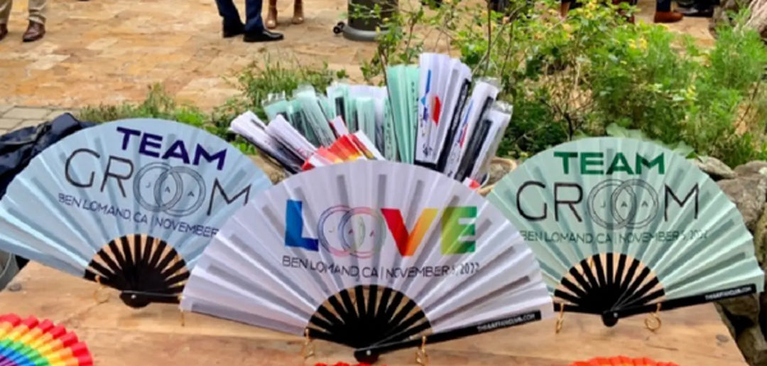 The perfect party favor for your upcoming gay wedding: Custom hand fans The Gay Fan Club
