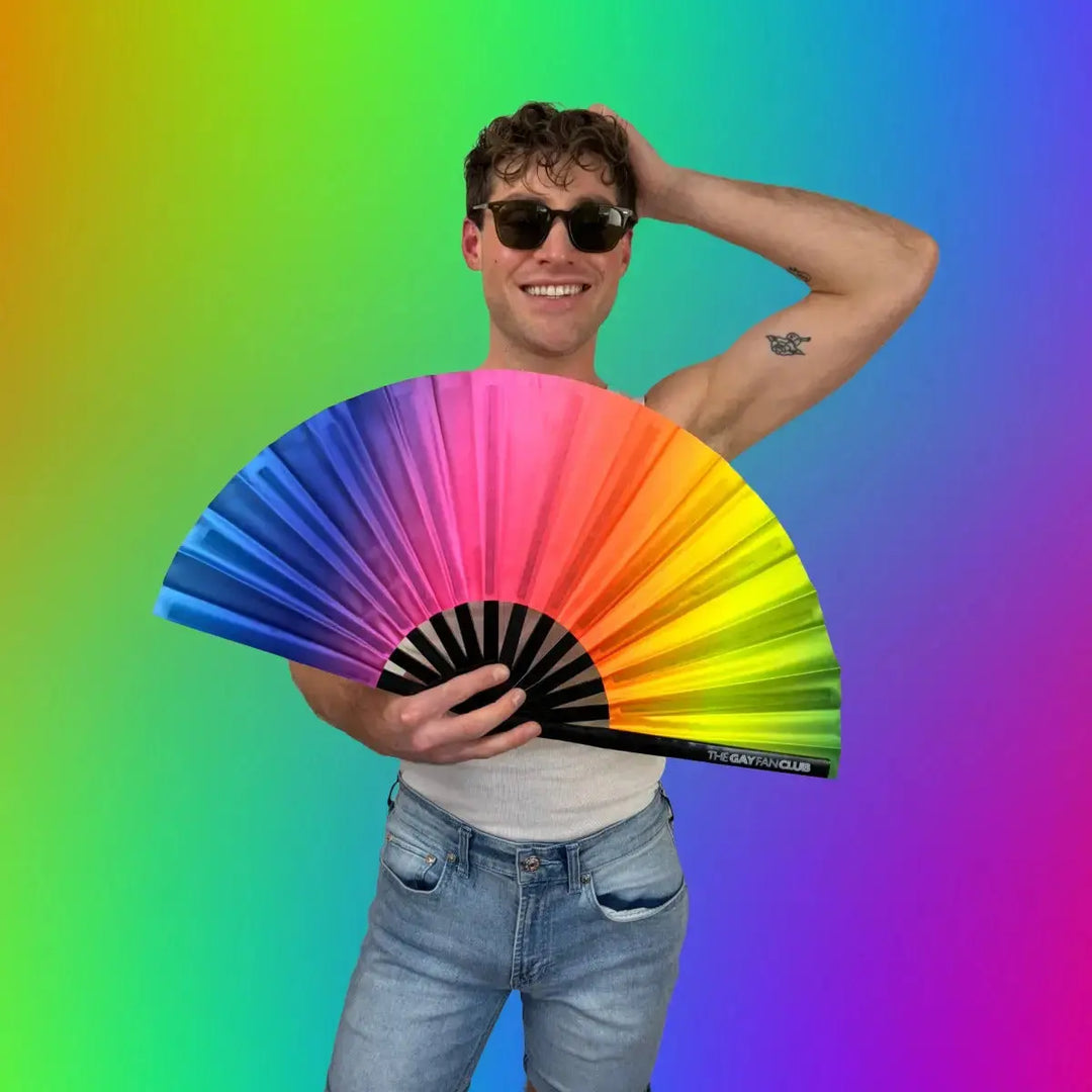 Rainbow Rave Fan (UV) The Gay Fan Club® Bamboo Clack Fan
