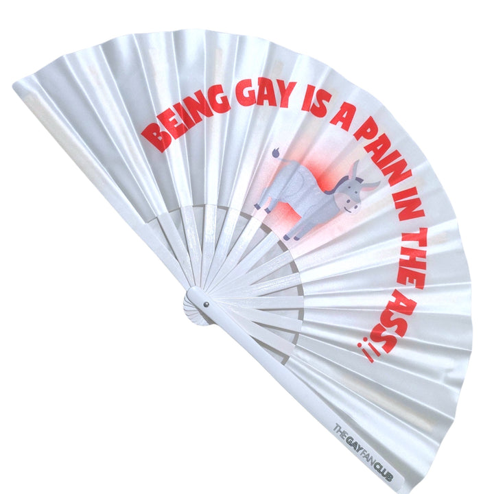 Oversized White Bamboo Clack Fan with Red Text "Being Gay is a Pain in the Ass" and Donkey Graphic