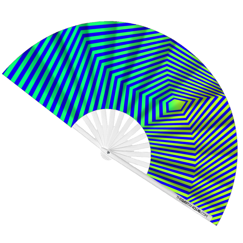 Oversized UV-Reactive Geometric Rave Fan with Electric Green and Deep Blue Stripes