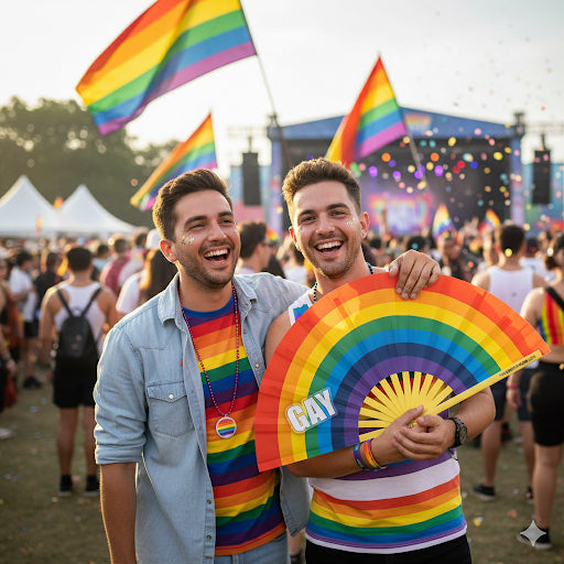 Two guys at a Pride festival holding the Gay Fan - a rainbow flag fan from The Gay Fan Club