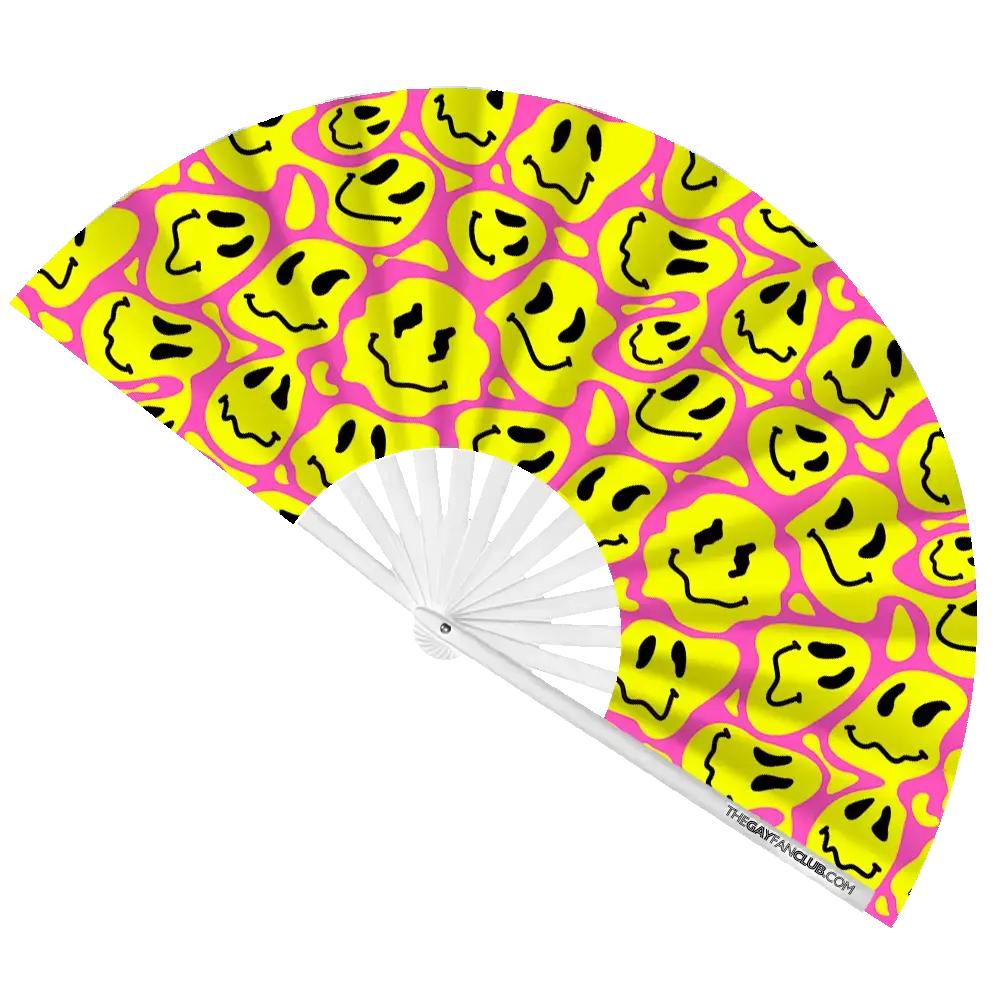 "FEELS" UV-Reactive Smiley Face Oversized Clack Fan (Neon Pink)