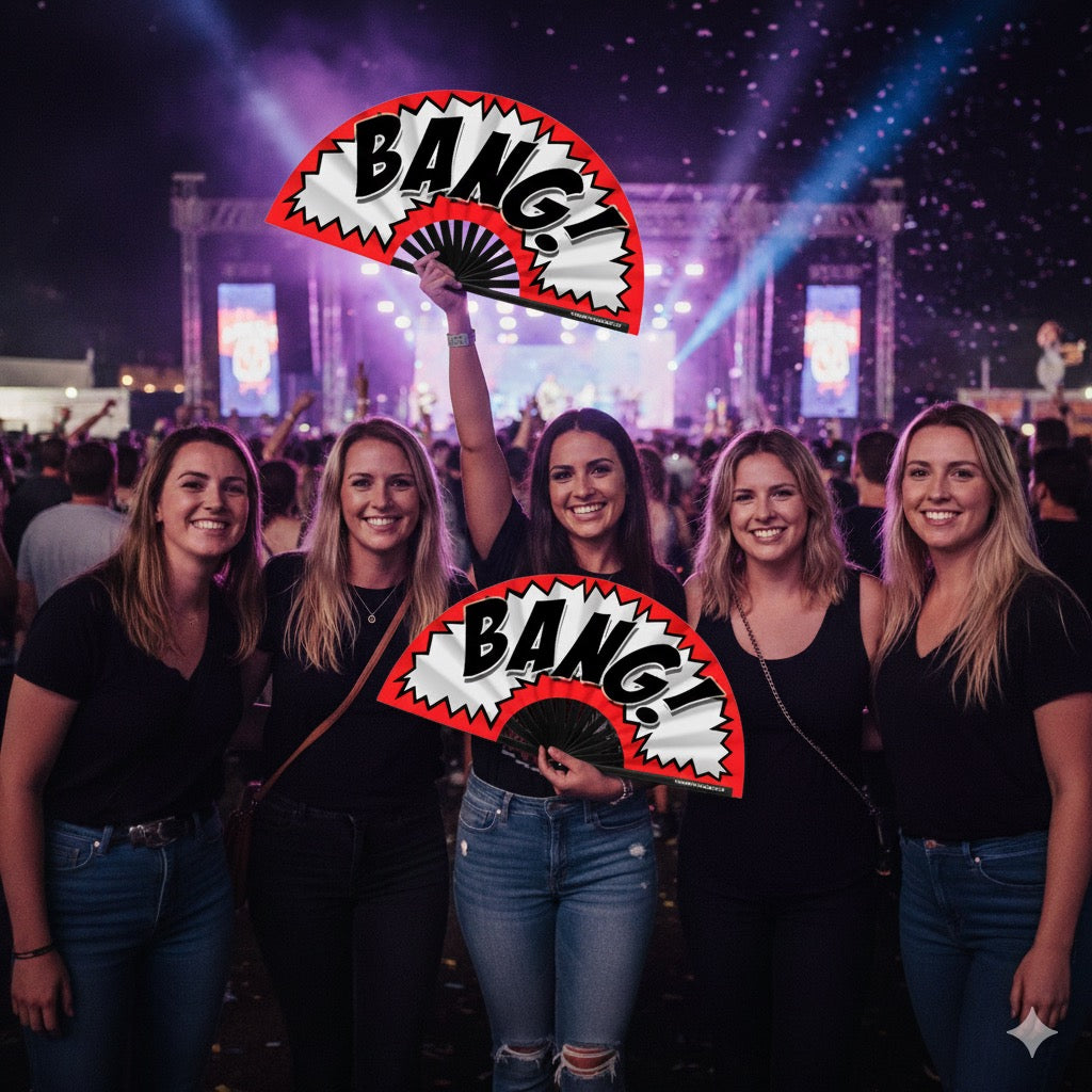 Oversized Red, Black & White "BANG!" Bamboo Clack Fan