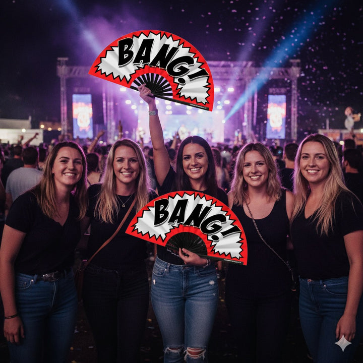 Oversized Red, Black & White "BANG!" Bamboo Clack Fan