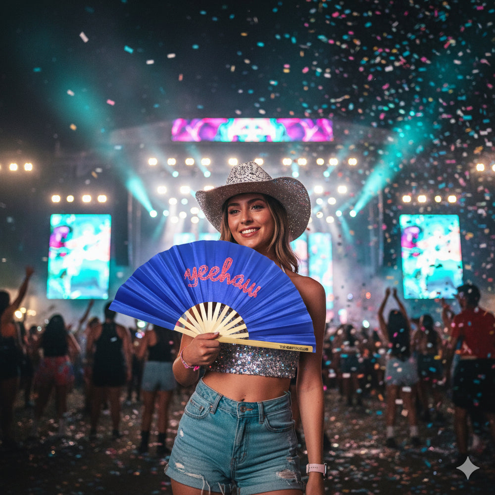 Low Stock "Yeehaw" Texas-Themed Blue Bamboo Clack Fan for Rodeos, Raves, and Southern Pride