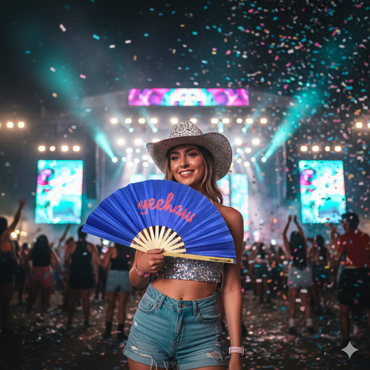 Low Stock "Yeehaw" Texas-Themed Blue Bamboo Clack Fan for Rodeos, Raves, and Southern Pride