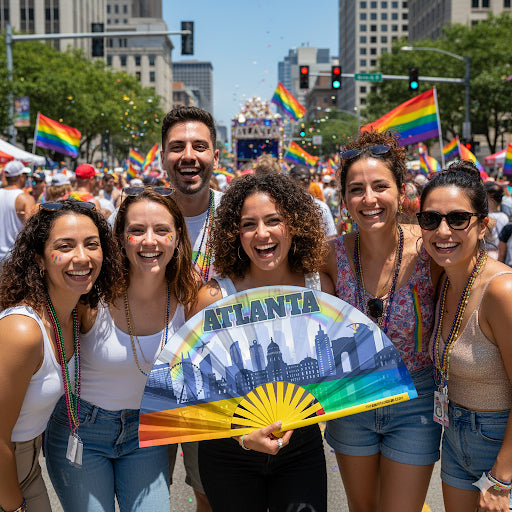 Group of men and women holding the Atlanta Fan from The Gay Fan Club celebrating Atlanta Pride at a street festival 