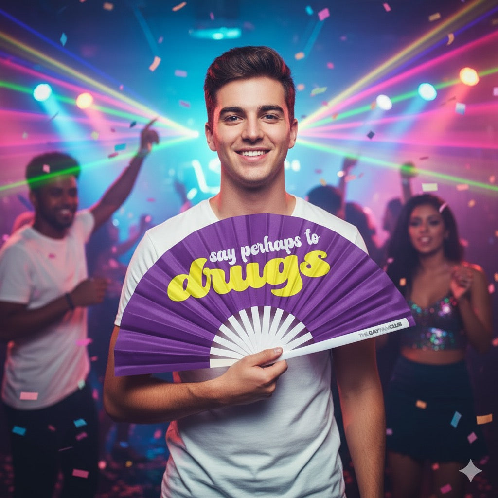 Oversized Purple and Yellow Bamboo Clack Fan with "Say Perhaps To Drugs" Cheeky Text for Circuit Parties