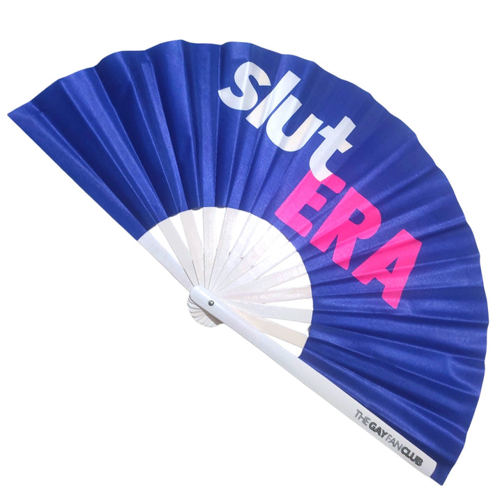 Oversized Blue and Pink UV-Reactive Bamboo Clack Fan with "Slut Era" Text for Nightclub & Rave Events