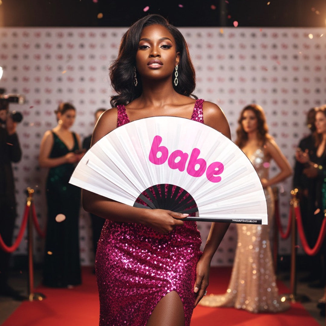 Oversized White Bamboo Clack Fan with "Babe" text for Raves and Pride