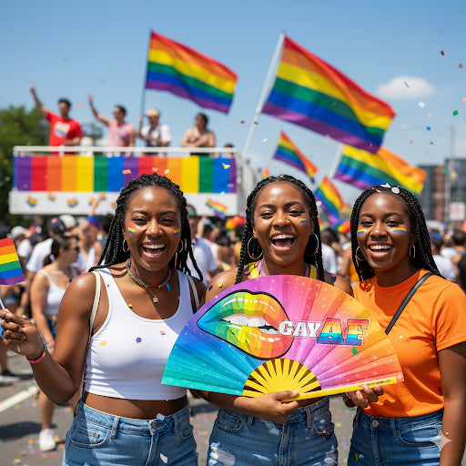 Group of women at a Pride event holding the Gay AF Fan - a rainbow flag clack fan - from The Gay Fan Club