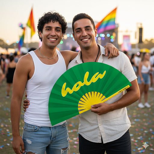 Oversized Green 'Hola' Latinx Bamboo Clack Fan for Pride