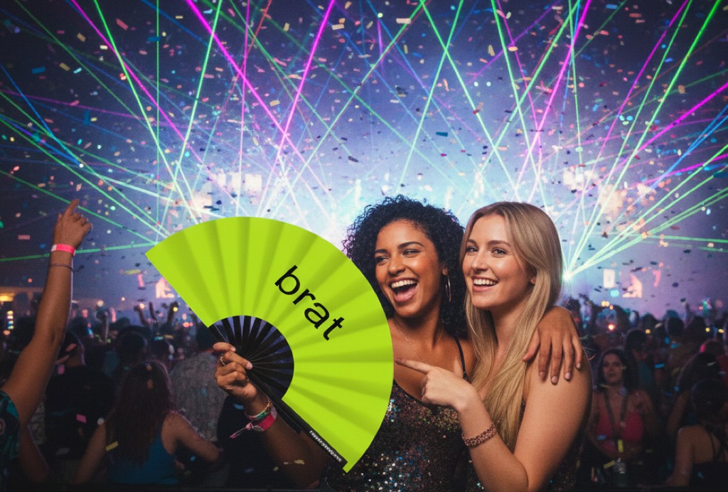 two woman at a rave holding the "Brat" green bamboo clack fan from The Gay Fan Club