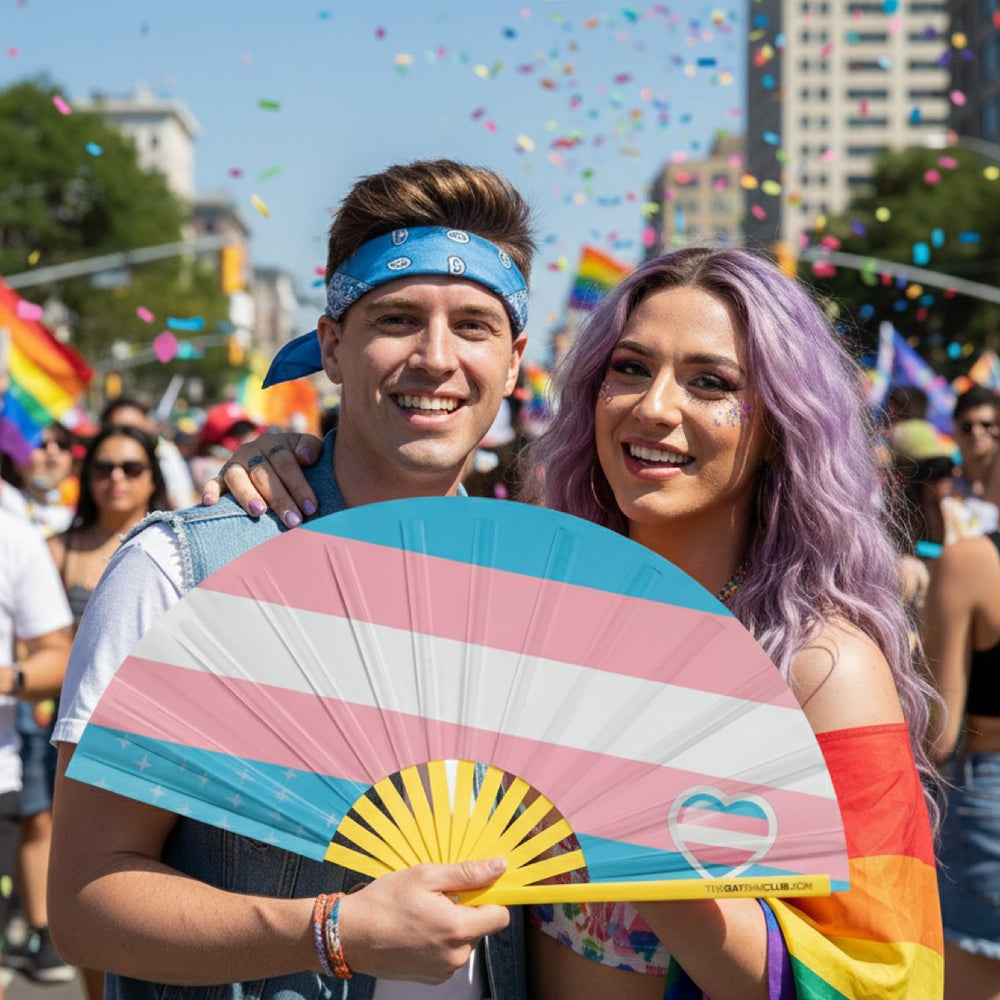 Trans Pride Flag Fan| The Gay Fan Club | Oversized Bamboo Clack Fan