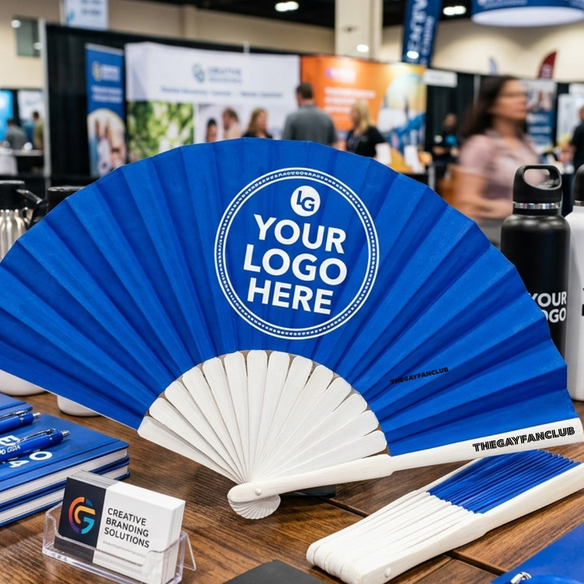 Bulk Custom Logo Fan on a table 