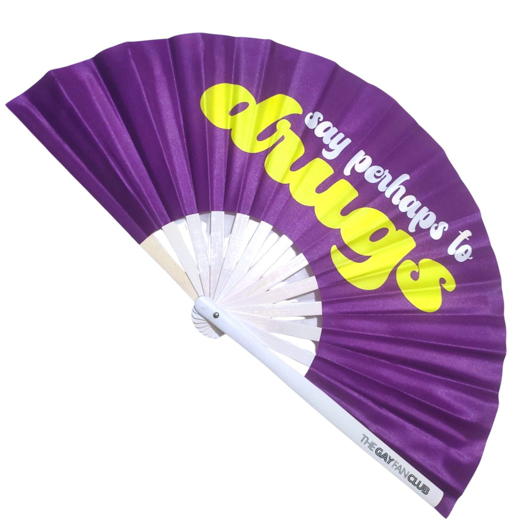 Oversized Purple and Yellow Bamboo Clack Fan with "Say Perhaps To Drugs" Cheeky Text for Circuit Parties