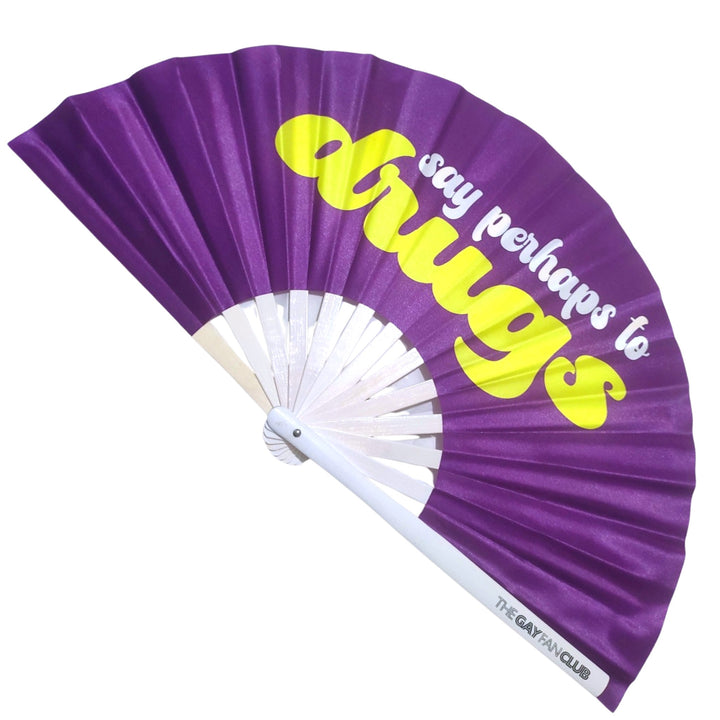 Oversized Purple and Yellow Bamboo Clack Fan with "Say Perhaps To Drugs" Cheeky Text for Circuit Parties