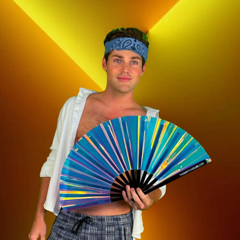 Iridescent Holographic Hand Fan| The Gay Fan Club | Oversized Bamboo Clack Fan