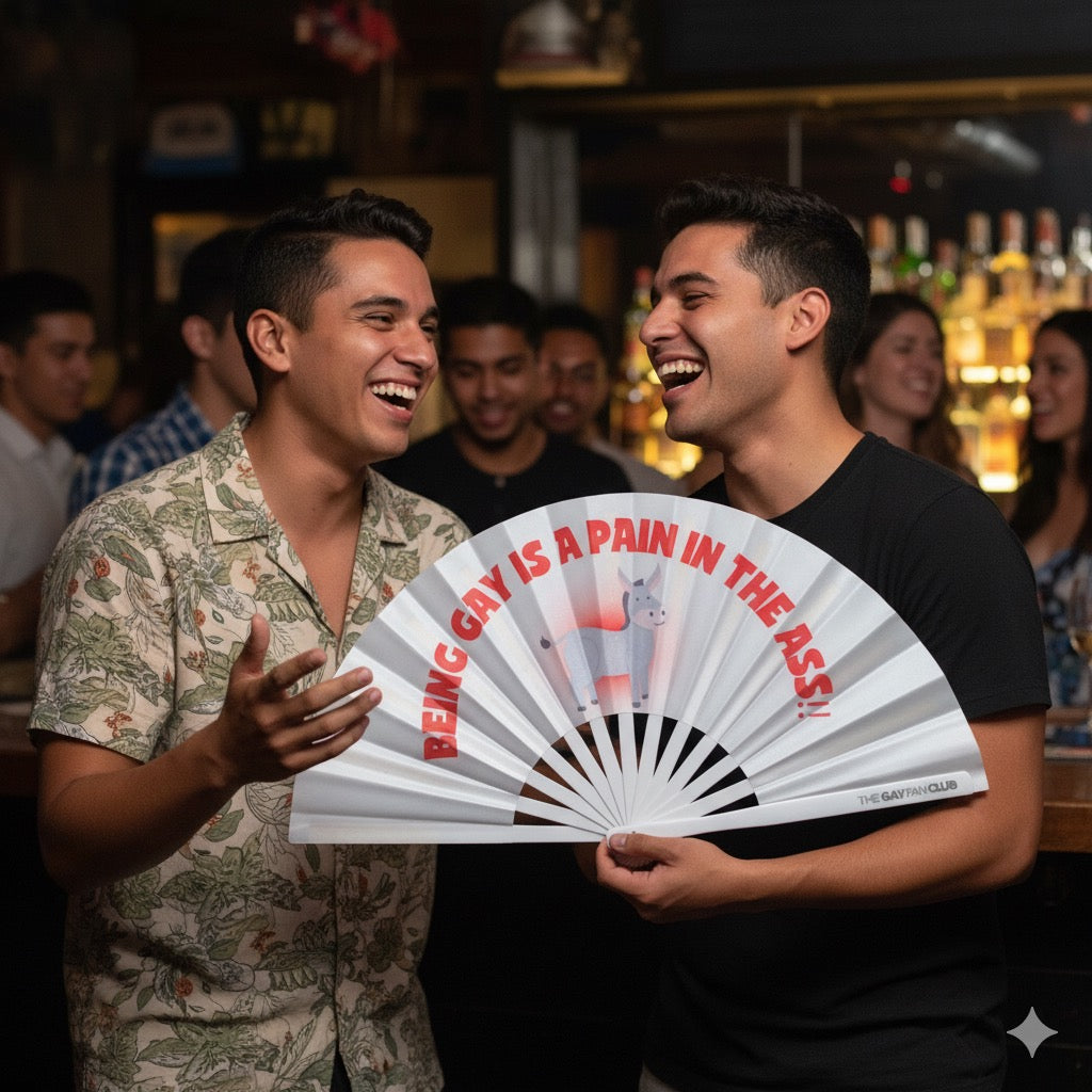 Oversized White Bamboo Clack Fan with Red Text "Being Gay is a Pain in the Ass" and Donkey Graphic