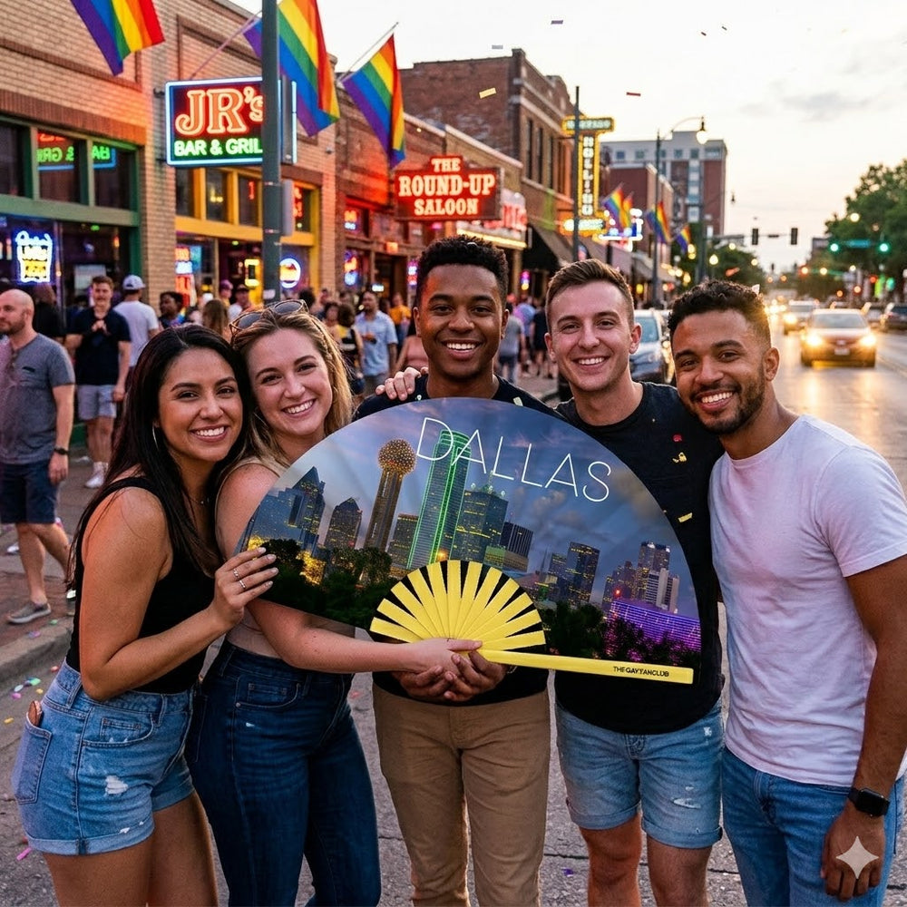 A person at a Dallas Pride festival in Oak Lawn snapping the Dallitude Fan open for a dramatic clack.