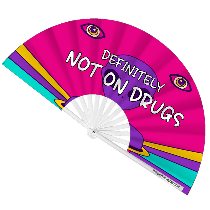 "Definitely Not On Drugs" Funny Oversized Clack Fan with Purple and Rainbow Alien Eye Design