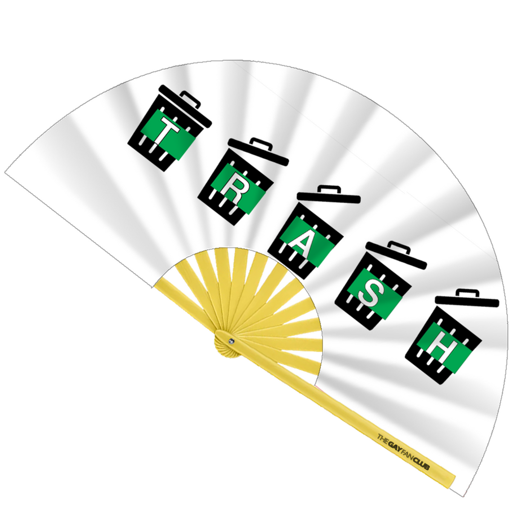 Close-up of the "White Trash" statement fan showing the sturdy metal rivet and reinforced natural bamboo frame designed for a loud clack and maximum durability at Pride and raves.