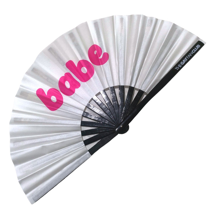 Oversized White Bamboo Clack Fan with "Babe" text for Raves and Pride