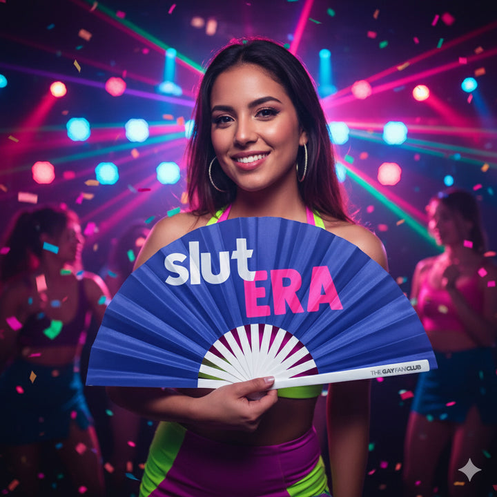Oversized Blue and Pink UV-Reactive Bamboo Clack Fan with "Slut Era" Text for Nightclub & Rave Events