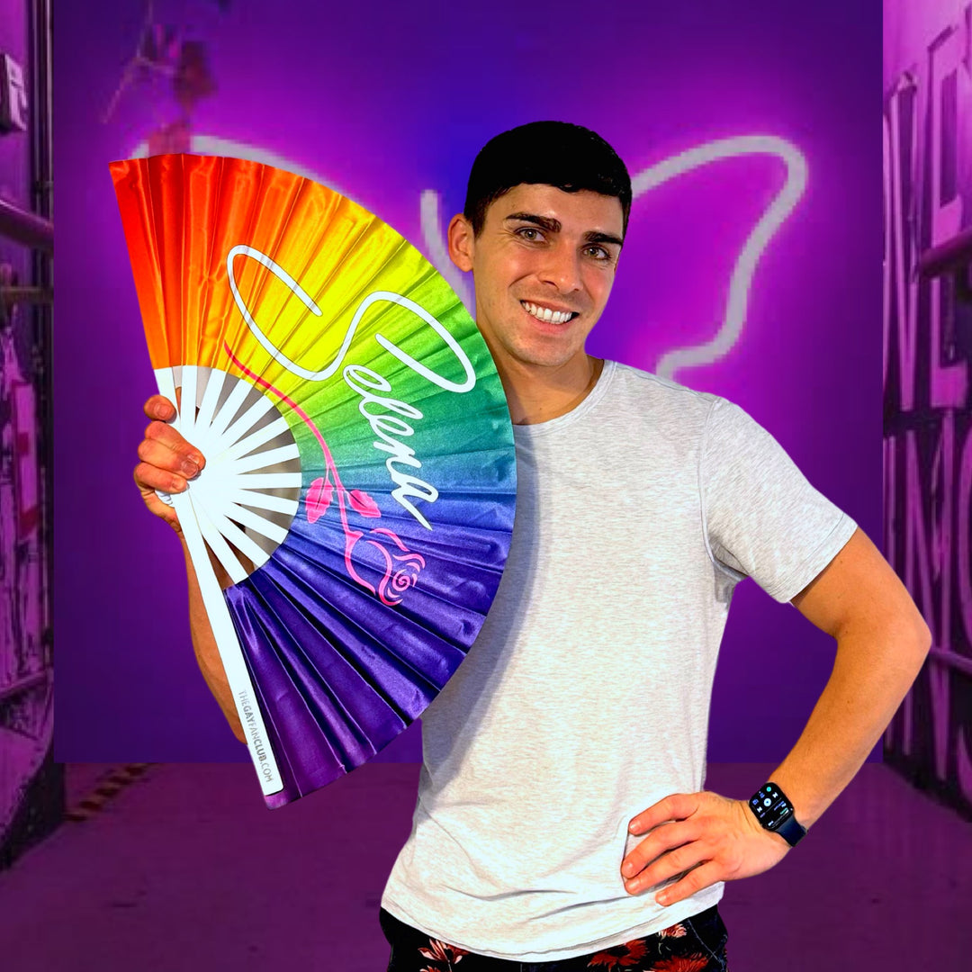 Selena Rainbow Fan (UV) - Selena Quintanilla folding fan - Latin Hand Fan for Raves - The Gay Fan Club