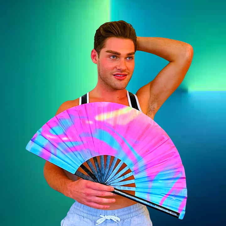 Fluid Fan (UV) - Pink and Blue UV rave folding hand fan at The Gay Fan Club