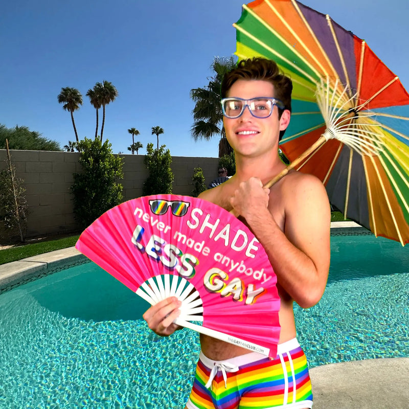 Oversized Pink Bamboo Clack Fan with "Shade Never Made Anybody Less Gay" Text (Taylor Swift Era Inspired)