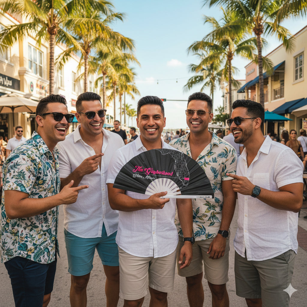 Five men posing together on a sunny street with palm trees and shops in the background.