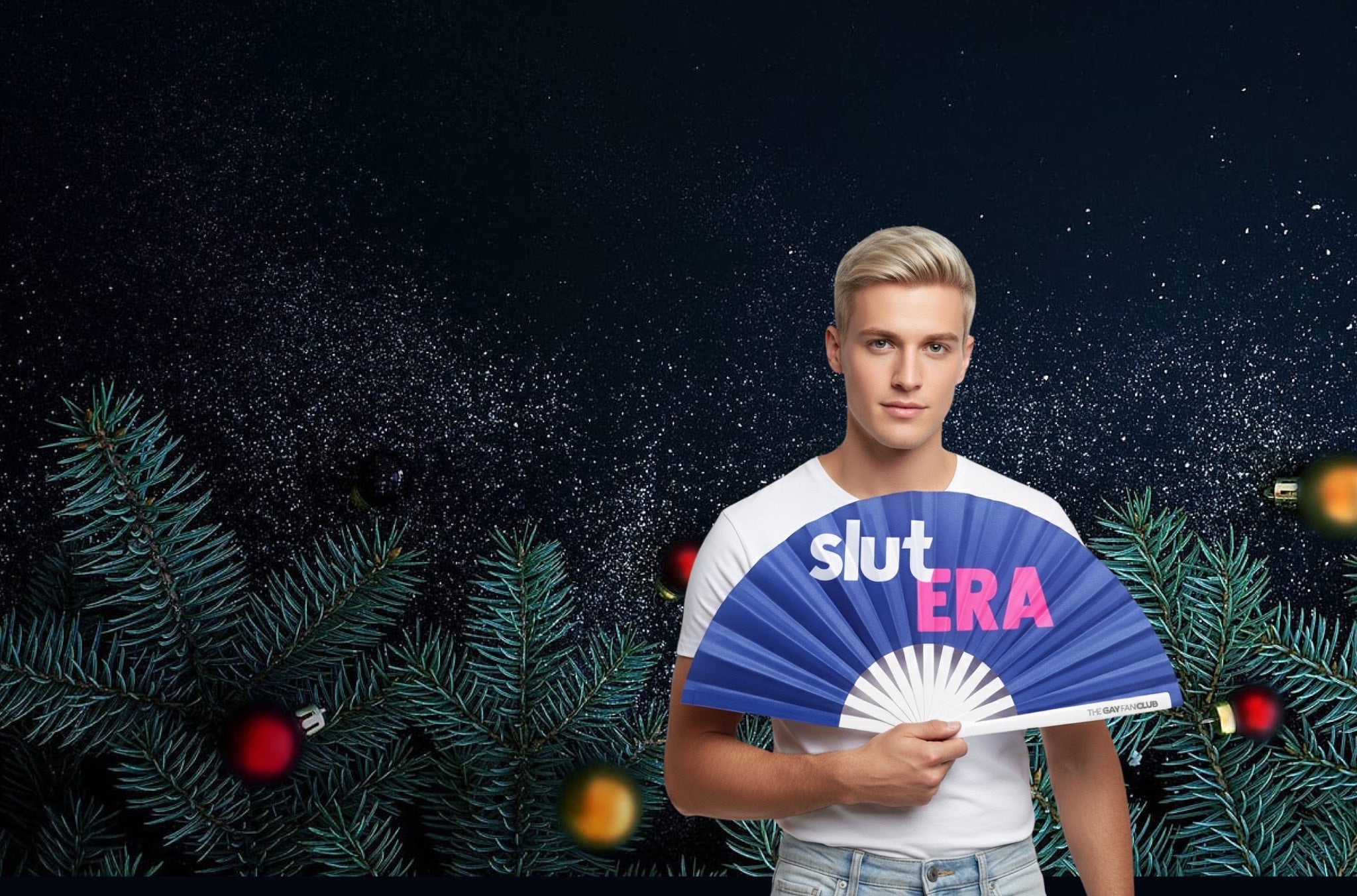 Person holding a fan with 'slut ERA' text against a festive background