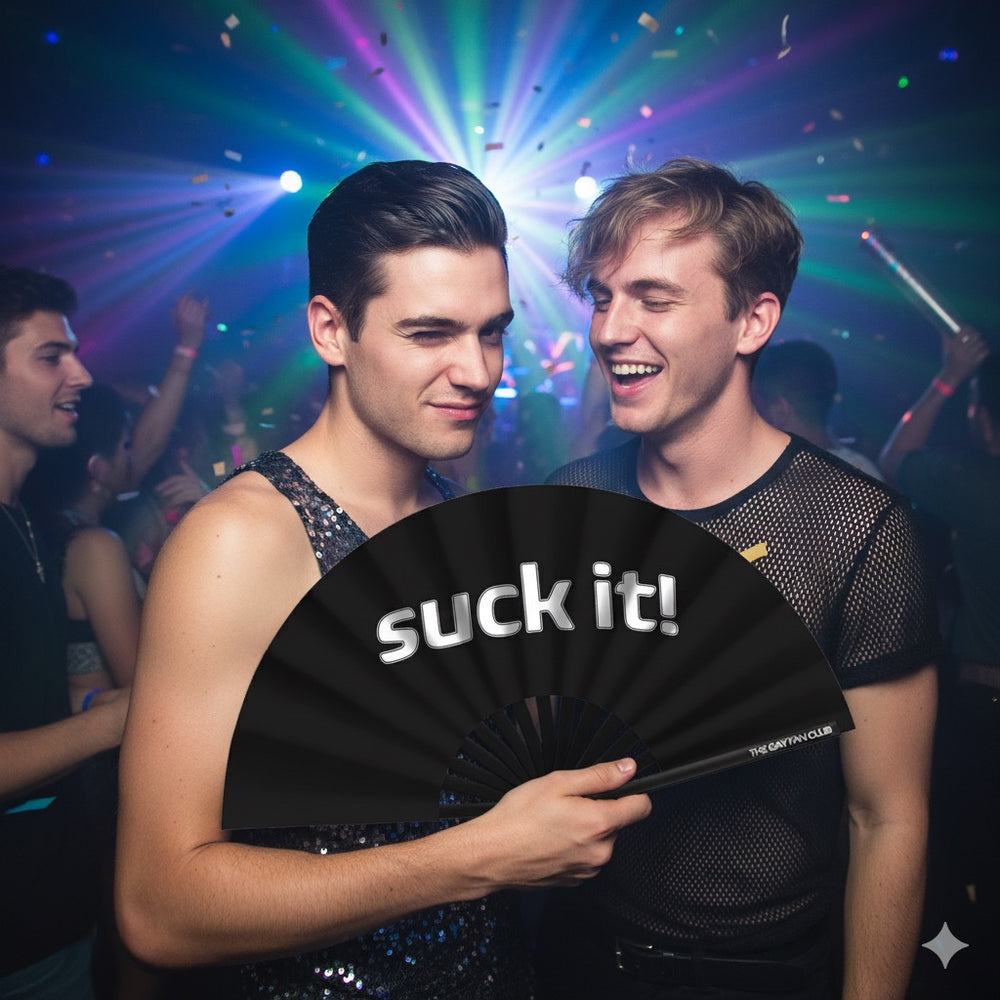 Oversized Black Bamboo Clack Fan with White "Suck It!" Text for Drag Shows and Rave Parties