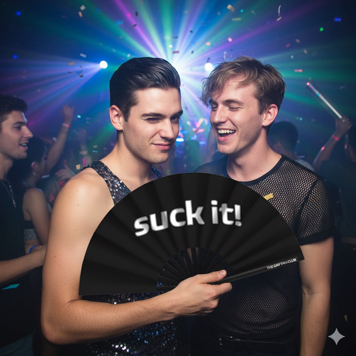 Oversized Black Bamboo Clack Fan with White "Suck It!" Text for Drag Shows and Rave Parties