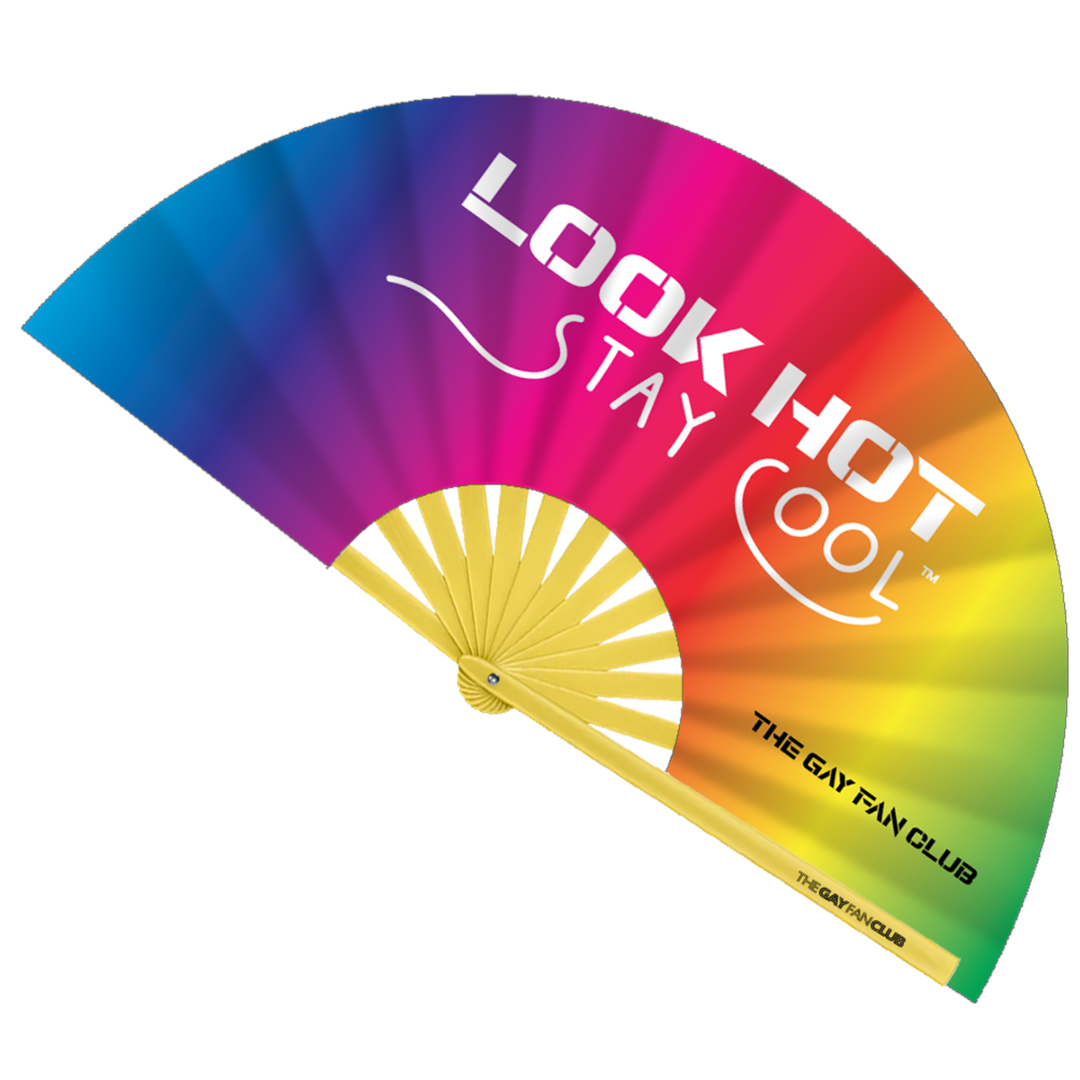 Colorful fan with 'Look Hot Stay Cool' text on a white background