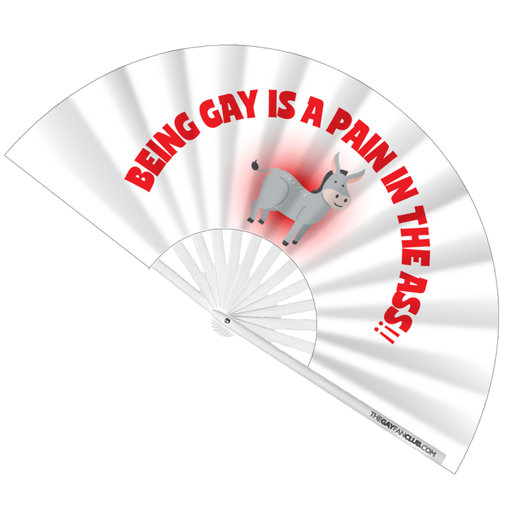 Oversized White Bamboo Clack Fan with Red Text "Being Gay is a Pain in the Ass" and Donkey Graphic