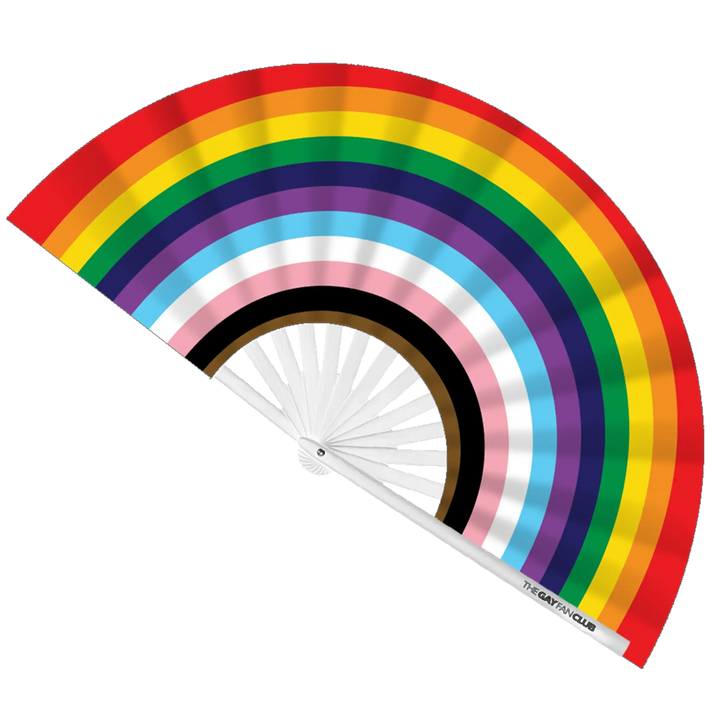 Progress Pride Rainbow Fan fully open showing the inclusive Progress Pride flag colors on a crisp white bamboo frame.