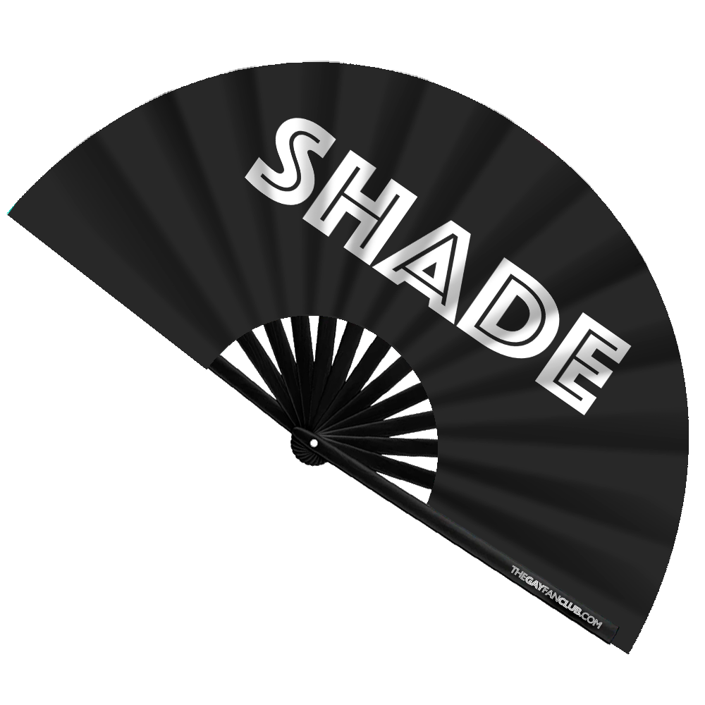 Oversized Black Bamboo Clack Fan with Bold White "Throw Shade" Text for Drag Shows and Festivals