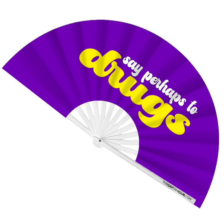 Oversized Purple and Yellow Bamboo Clack Fan with "Say Perhaps To Drugs" Cheeky Text for Circuit Parties
