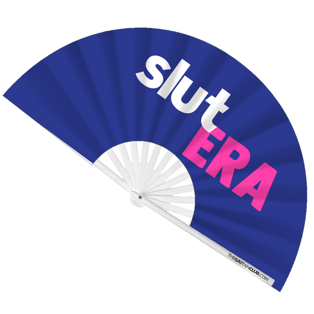 Oversized Blue and Pink UV-Reactive Bamboo Clack Fan with "Slut Era" Text for Nightclub & Rave Events