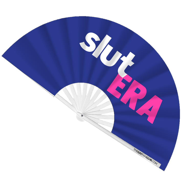 Oversized Blue and Pink UV-Reactive Bamboo Clack Fan with "Slut Era" Text for Nightclub & Rave Events