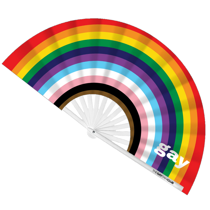 The Original "Gay" Fan fully open showing the Progress Pride rainbow and bold "gay" white text on a crisp white bamboo frame.