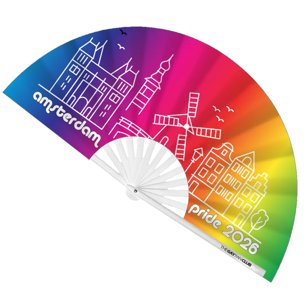 Amsterdam Pride 2026 Fan fully open showing a rainbow gradient background with white line-art of Amsterdam landmarks and "Amsterdam Pride 2026" text on a natural bamboo frame.