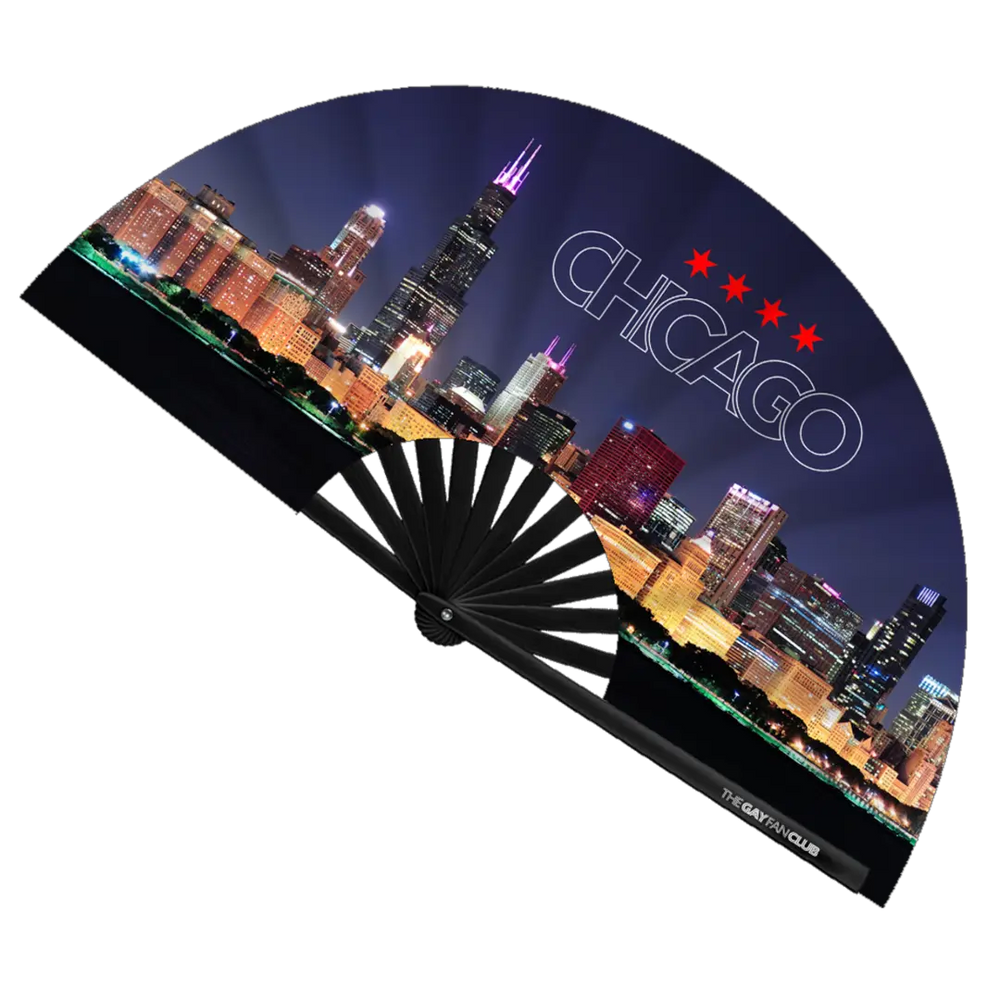 Windy City Clack Fan fully open showing the Chicago, Illinois skyline and city flag stars on a natural bamboo frame.