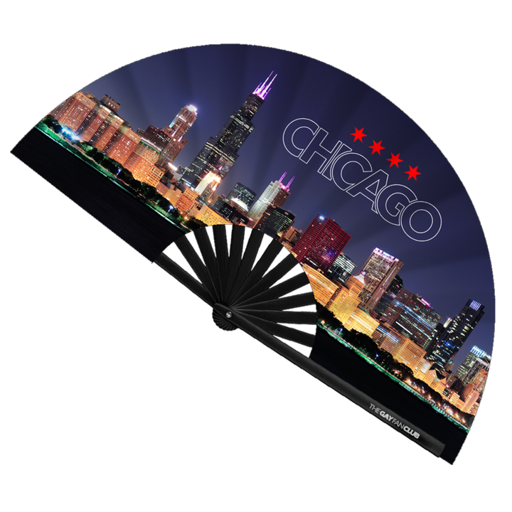 Windy City Clack Fan fully open showing the Chicago, Illinois skyline and city flag stars on a natural bamboo frame.