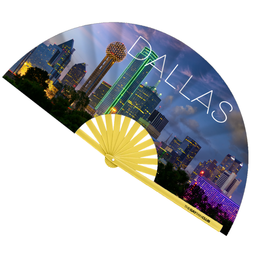 Dallitude Fan fully open showing the Dallas, Texas skyline with Reunion Tower and city lights on a natural bamboo frame.