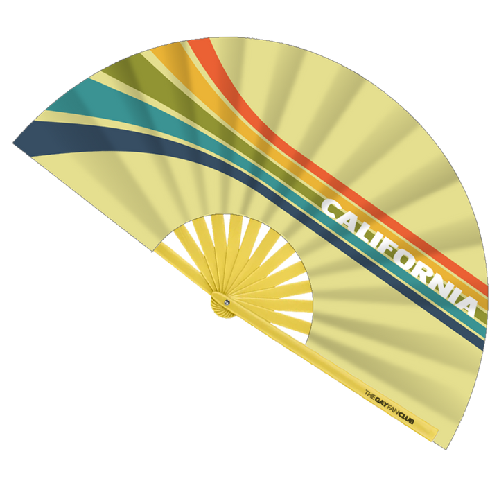 California Fan fully open showing the retro design with "California" text on a natural bamoo frame