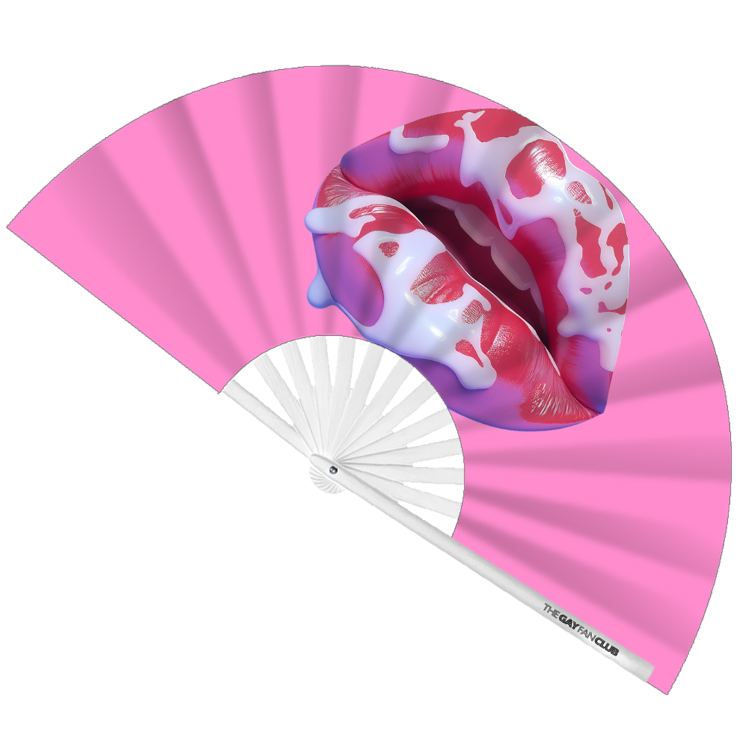 Taste The Rainbow Fan (UV) fully open showing the neon pink UV-reactive background and white bamboo handle.