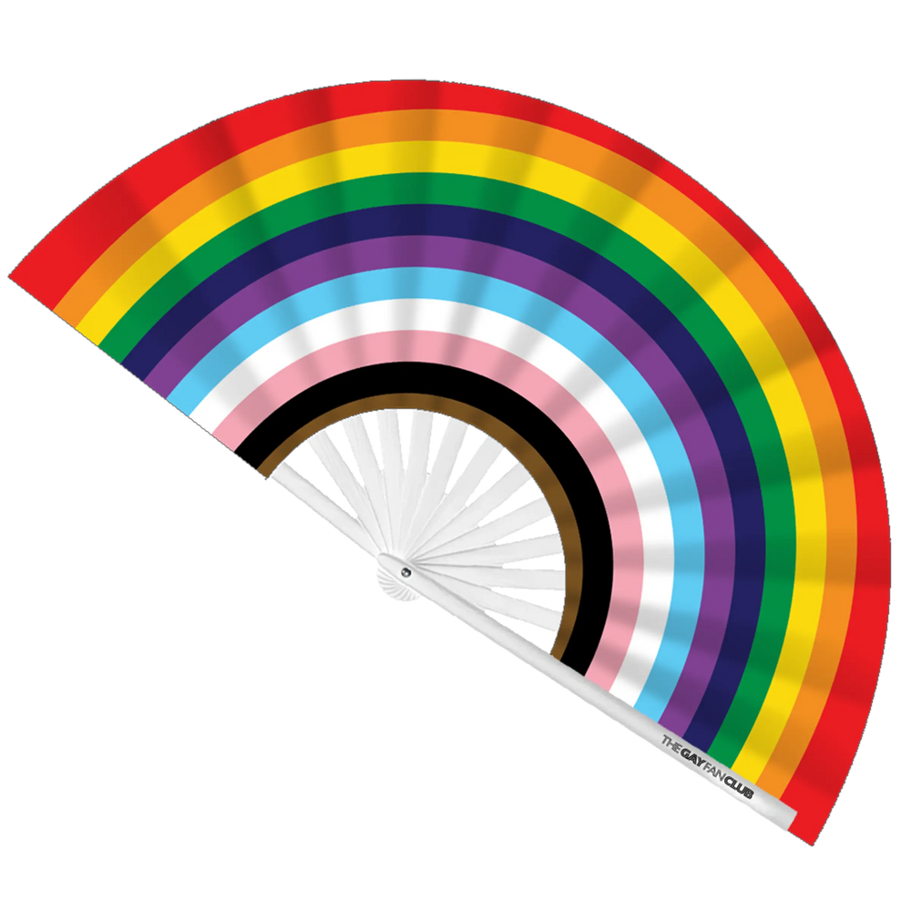 Progress Pride Rainbow Fan fully open showing the inclusive Progress Pride flag colors on a crisp white bamboo frame.